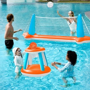Joyfy Inflatable Volleyball Net & Basketball Hoop Pool Float Set with Balls - Perfect Summer Pool Games for Kids & Adults Beach Parties & Backyard Fun - 1 of 4
