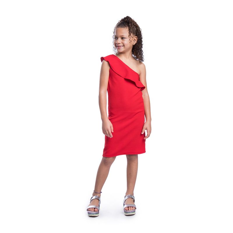 24seven Comfort Apparel Girls Solid Color One Shoulder Ruffle Knee Length Dress, 1 of 5