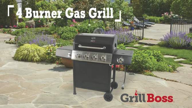Grill Boss Outdoor BBQ Burner Propane Gas Grill for Barbecue Cooking with Side Burner, Lid, Wheels, Shelves and Bottle Opener, 2 of 8, play video