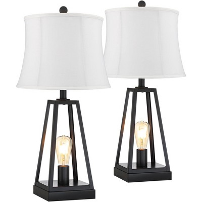 Franklin Iron Works Modern Table Lamps Set of 2 with USB Charging Port and Nightlight LED Black Metal Cream Shade for Living Room