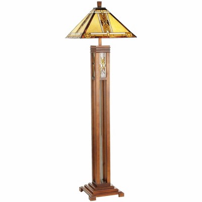 Robert Louis Tiffany Mission Floor Lamp with Nightlight Walnut Wood Column Stained Glass Shade for Living Room Reading Bedroom