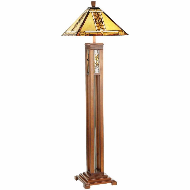 Robert Louis Tiffany Mission Rustic Floor Lamp 62 1/2" Tall Walnut Wood Column with Nightlight Wheat Stained Glass Shade for Living Room Bedroom House, 1 of 9