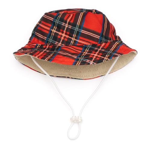 Red plaid bucket store hat