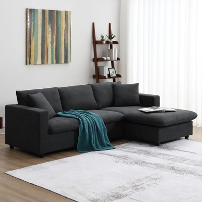 SKRAN Modern Sectional Sofa，100.4*64.6""L-shapedwith Polyester Fabric Couch Set Movable Ottoman for Living Room, Apartment(Black)