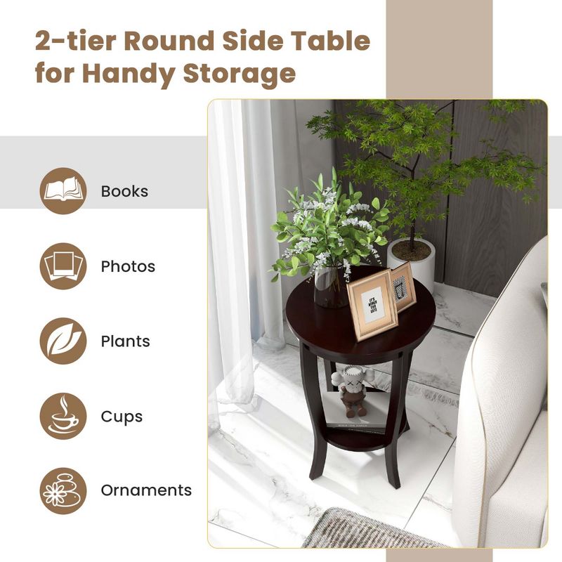 Costway 2-Tier End Table 18'' Round Compact Sofa Side Nightstand with Storage Shelf Espresso/White, 5 of 10