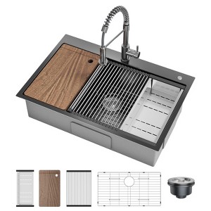 Drop In Kitchen Sink,Stainless Steel Kitchen Single Bowl Sinks, Modern Top Mount 16 Gauge Workstation Sink- with Pull-Down Faucet for Bar - 1 of 4