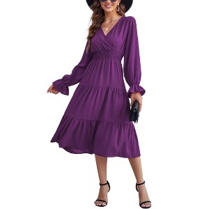 Women's Wrap V Neck Midi Dress Casual Long Sleeve Smocked Waist A Line Pleated Tiered Flowy Long Dress - 1 of 4