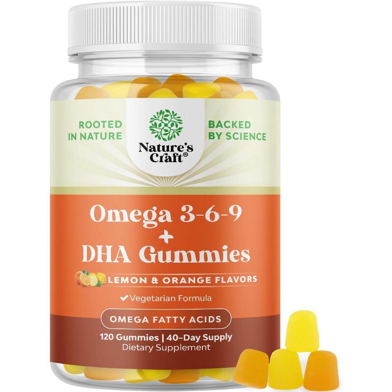 Omega-3 Gummies for Adults, Vegetarian Omega 3 6 9 DHA Gummies for Brain, Bone, Heart & Joint Support, Lemon & Orange Flavors, Nature's Craft, 120ct, 1 of 5