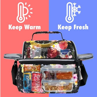 Floral Black Insulated Dual Compartment Lunch Tote Bag