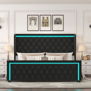 Bed With Frame And Headboard,Wide Wingback Upholstered Bed,Velvet Fabric Bed With Deep Tufted Buttons,RGB LED Light Strip-Cuddlewood - 1 of 4