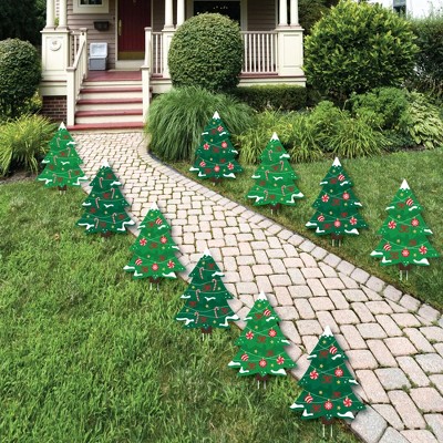 Big Dot of Happiness Snowy Christmas Trees - Tree Lawn Decorations - Outdoor Classic Holiday Party Yard Decorations - 10 Piece