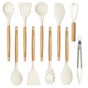 Itopfox 10-Piece Silicone Cooking Utensil Set with Wood Handles, BPA-Free Spatulas & Spoons for Nonstick Cookware, Heat-Resistant (Cream White) - 1 of 4