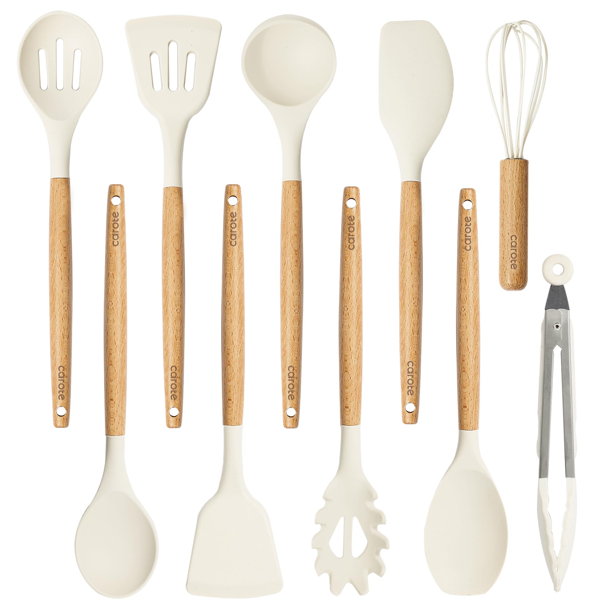 Itopfox 10-Piece Silicone Cooking Utensil Set with Wood Handles, BPA-Free Spatulas & Spoons for Nonstick Cookware, Heat-Resistant (Cream White)