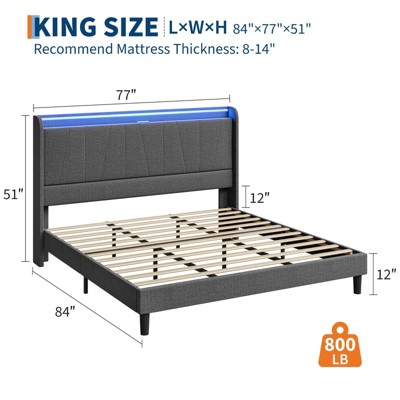 Bed Frame with Charging Station & LED Lights, Modern Platform Bed with Wooden Slats, Upholstered Headboard, No Box Spring, Easy Assembly
