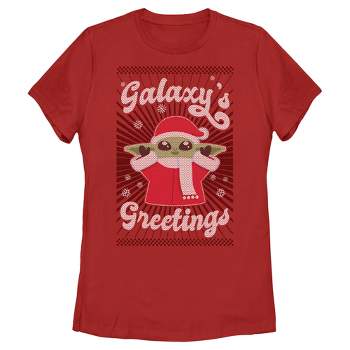 Women's Star Wars: The Mandalorian Christmas Grogu Galaxy's Greetings Cute T-Shirt