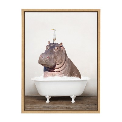 Whimsical Hippo and Bird in Bath Canvas Art