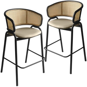 LeisureMod Ervilla Wicker Bar Stool with Fabric Seat and Black Steel Frame Taupe Set of 2 - 1 of 4