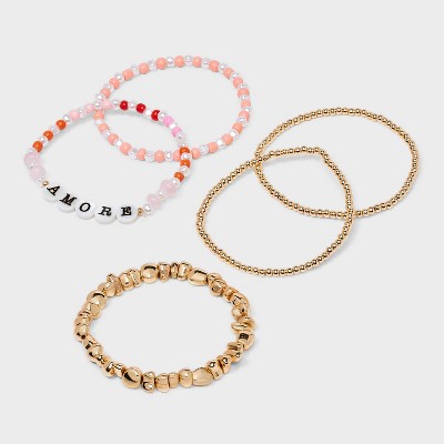 Striped Semi-Precious Amore Beaded Bracelet Set 5pc - Universal Thread™ Gold/Pink