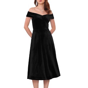 INSPIRE CHIC Women Off Shoulder Velvet High Waist Vintage A-Line Cocktail Evening Dress - 1 of 4