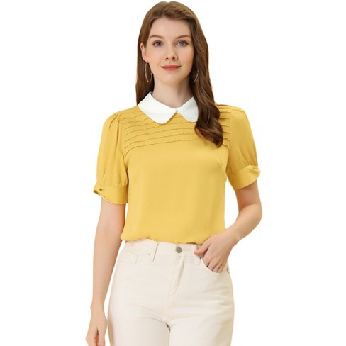 Allegra K Women s Vintage Peter Pan Collar Contrast Puff Short Sleeve Blouse Light Yellow Medium Target