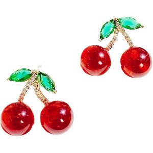 Cherry Fruit Crystal Small Earrings Gold Plated Handmade Charm Sweet 3D Red Fruits Green Leaf Glitter Rhinestone Cubia Zirconia Stud Earrings - 1 of 4