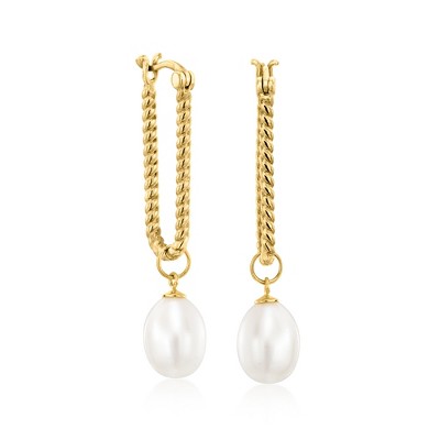 Ross-Simons 18kt Gold Over Sterling Paper Clip Link Hoop Earrings With Removable 8x11mm Cultured Pearl Drops