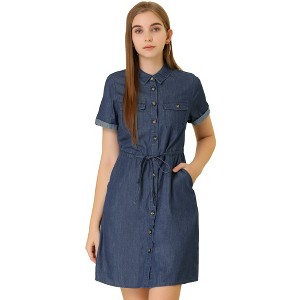INSPIRE CHIC Women's Jean Chambray Summer Casual Button Down Denim Dresses - 1 of 4