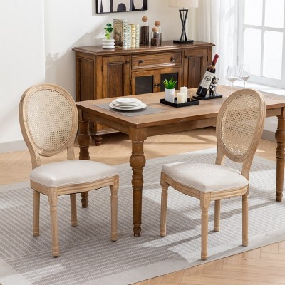 French Country Rattan Back Upholstered Dining Chairs Set of 2,Solid Wood Side Chairs with Linen Seat,Antique Finish–Maison Boucle