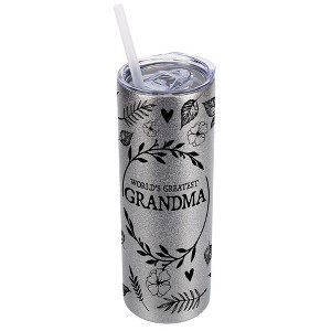 Elanze Designs Floral Silvertone Sparkle 20 Ounce Double Wall Stainless Steel Glitter Travel Tumbler With Sliding Lid And Straw, World's Greatest - 1 of 4