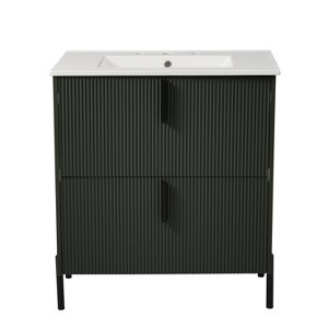 Vynxaria 30 Inch Sage Green Fluted Bathroom Vanity with Ceramic Sink One Complete Unit Solid Wood Cabinet Two Full Extension Soft Close Drawers - 1 of 4