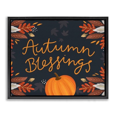 Stupell Industries Autumn Blessings Fall Leaves Pumpkin Black Framed Floater Canvas Wall Art
