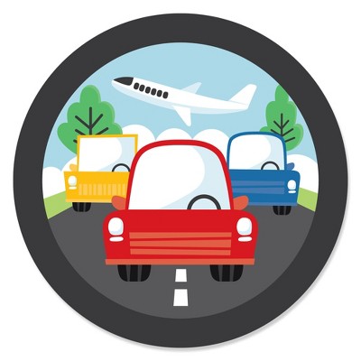 Big Dot of Happiness Cars, Trains, and Airplanes - Transportation Birthday Party Circle Sticker Labels - 24 Count