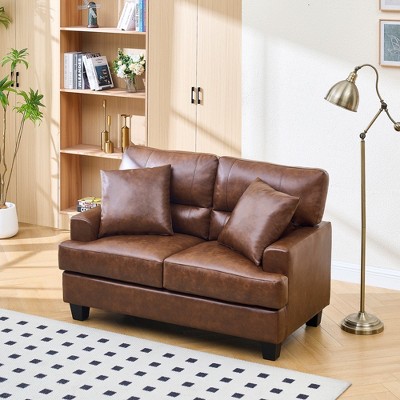 Faux Leather Loveseat Sofa with 2 Throw Pillows, Tufted Loveseat with Wooden Legs, Morden Sofa Suitable for Living Room, Office - Morden Fort