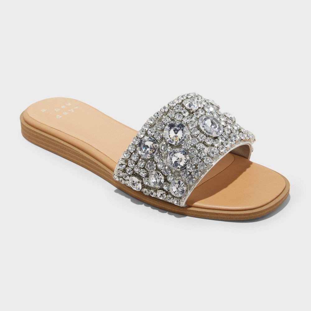Women's Nylah Wide Width Rhinestone Slide Sandals - A New Day™ Silver 9W: Memory Foam, Open Toe