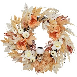 22 Inch Halloween Wreath, Halloween Skull Wreath, White Pumpkins Yellow Roses, Halloween Decorations Fall Maple Leaves Wreath - 1 of 4