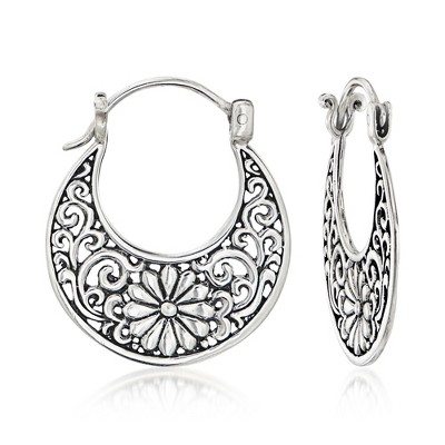Ross-Simons Sterling Silver Bali-Style Floral Swirl Hoop Earrings