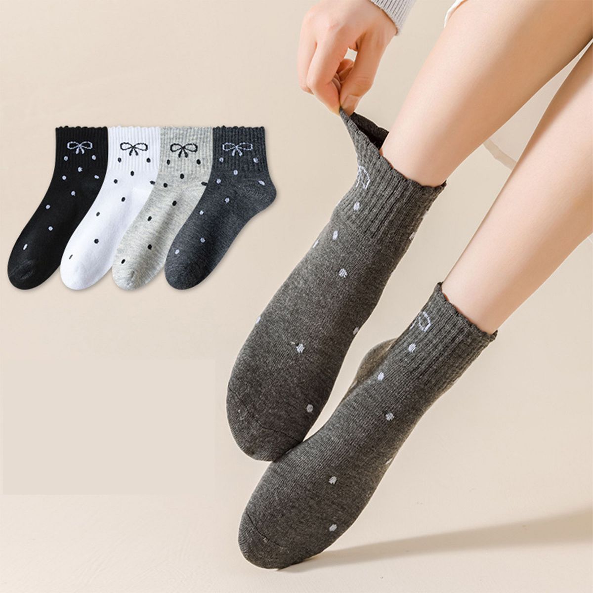 Anna-Kaci Women's Soft Cotton Ankle Socks with Bow Embroidery Polka Dot Design 4 Pairs - thumbnail 4