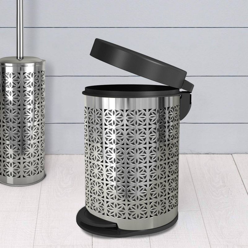 Laser Cut Step Garbage Trash Can &#38; Toilet Brush Holder with Lid Metallic Silver - Nu Steel, 4 of 9