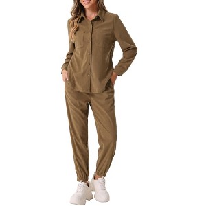 Allegra K Women's 2 Piece Outfits Fall Long Sleeve Button Down Shirt and Pants Set Corduroy Tracksuit - 1 of 4