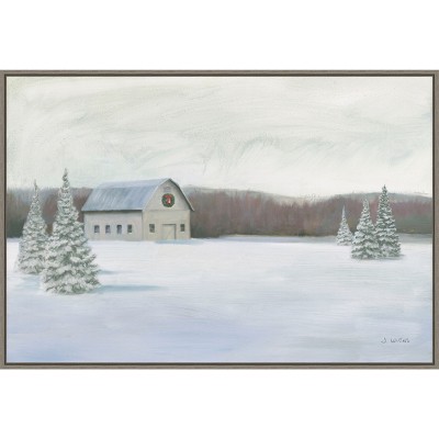 Holiday Winter Barn Oil Painting on Canvas with Greywash Frame
