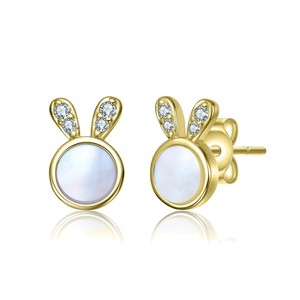 Guili 14K Gold Plated with Mother Of Pearl & Clear Cubic Zirconia Bunny Design Stud Earrings - 1 of 2