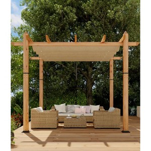 10x10 Ft Outdoor Pergola with Retractable Canopy - Upgraded Aluminum Wood Grain Metal, Modern Backyard Deck, Porch, Durable & Stylish Grape Trellis - 1 of 4