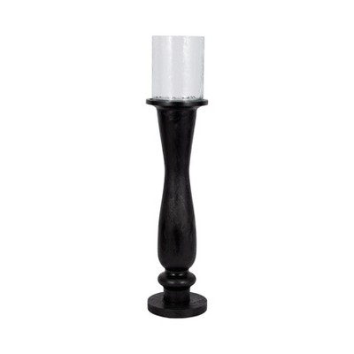 Mango Wood & Glass Candle Holder - Tall Pillar Candle Stand for Home & Office - Rustic Accent for Living Room, Bedroom, Entryway - 27" Black