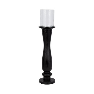 Mango Wood & Glass Candle Holder - Tall Pillar Candle Stand for Home & Office - Rustic Accent for Living Room, Bedroom, Entryway - 27" Black - 1 of 4