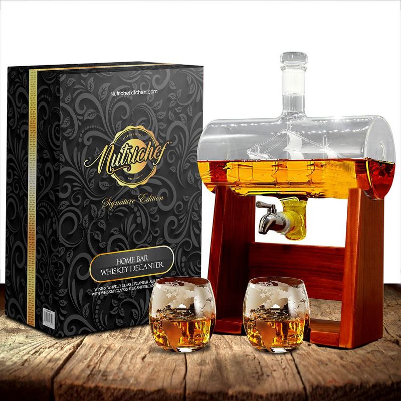 NutriChef NCGDS08 Home Bar 1100ml Glass Barrel Whiskey and Wine Carafe Alcohol Decanter Set with Spigot, Stopper and Glasses (2 Pack), 3 of 7