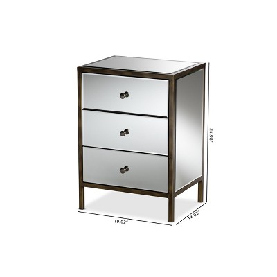 Nouria Antique Brass Trim Mirrored 3-Drawer Nightstand - Silver