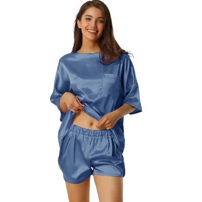 cheibear Women's Soft Satin Short Sleeve T-Shirt with Pockets and Shorts Pajama Sets 2 Pcs