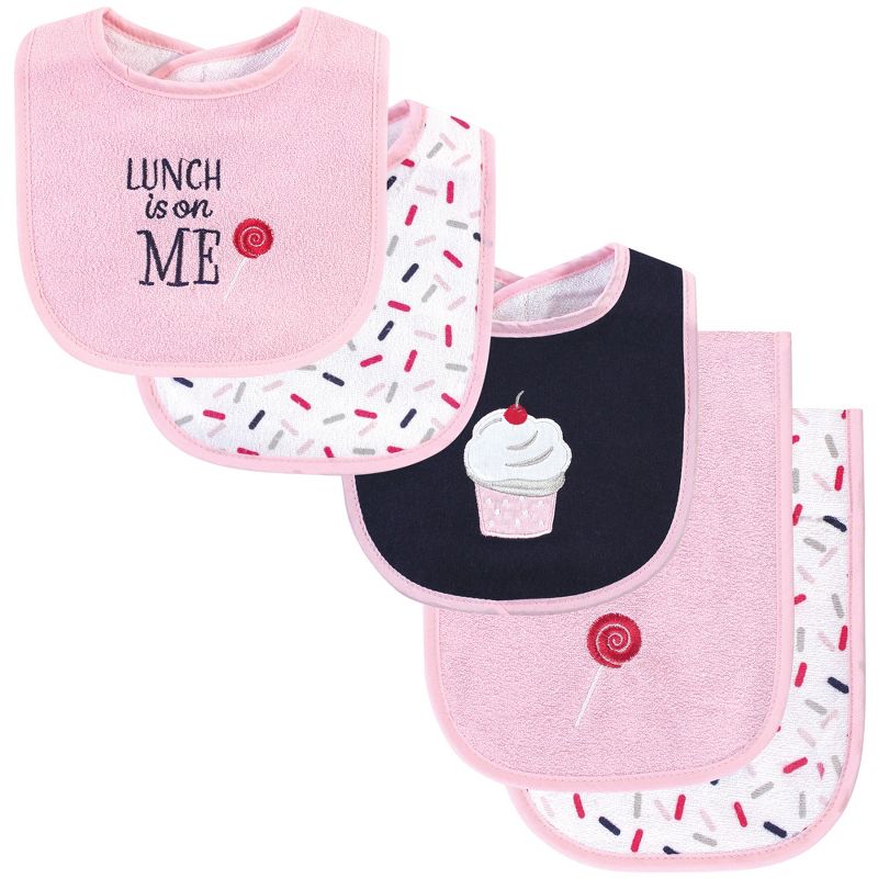 Hudson Baby Infant Girl Cotton Terry Bib and Burp Cloth Set 5pk, Cupcake, One Size, 1 of 8