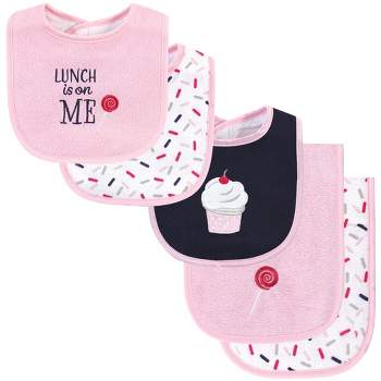 Hudson Baby Infant Girl Cotton Terry Bib and Burp Cloth Set 5pk, Cupcake, One Size