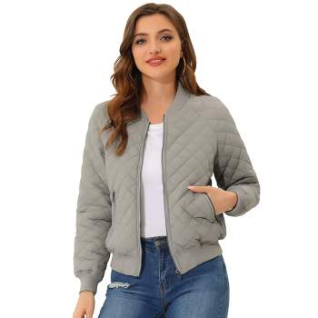 Allegra K Women's Quilted Zip-Up Raglan Sleeves Bomber Jacket